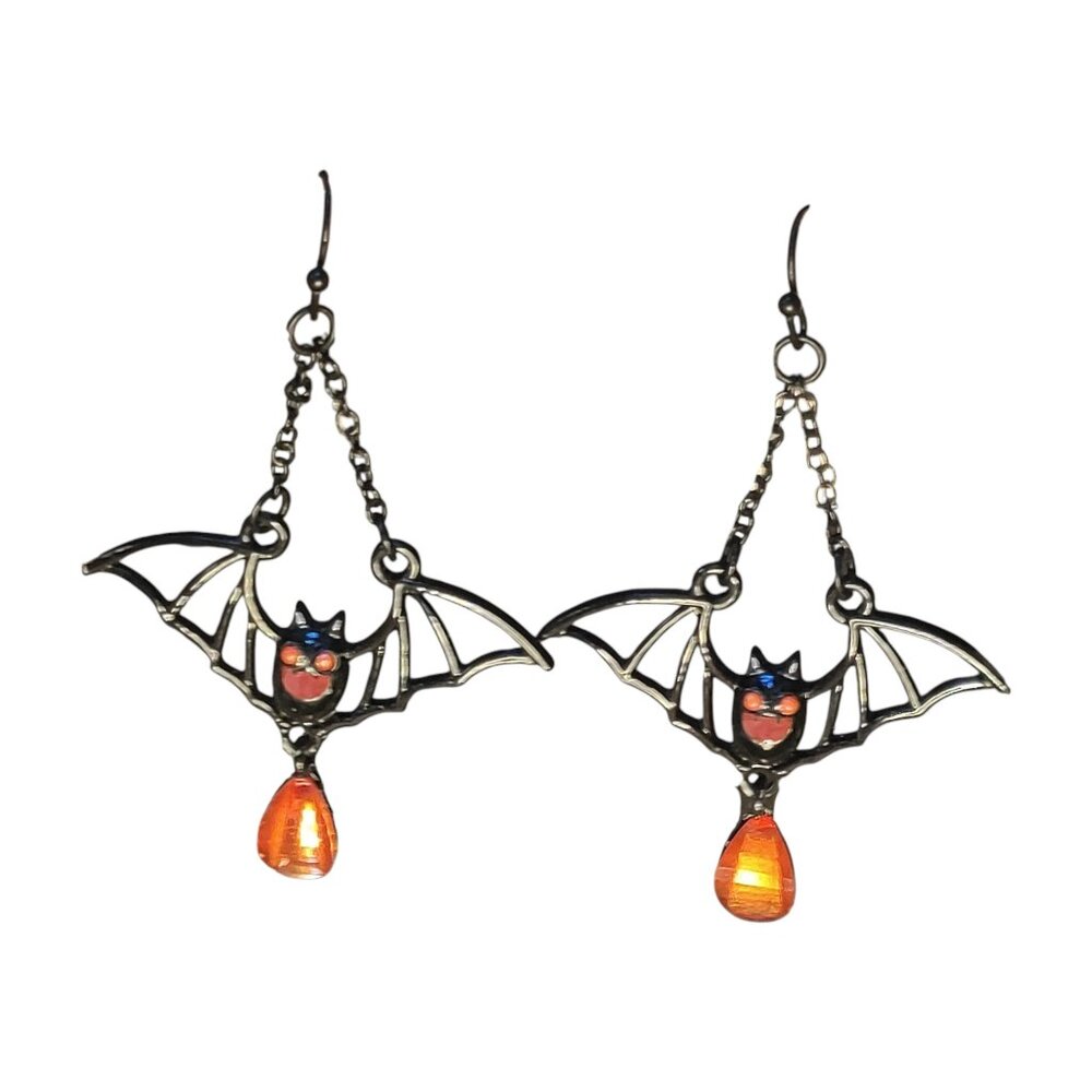 Halloween Bat Earrings Black with Orange Details and Fake Gem Good Condition